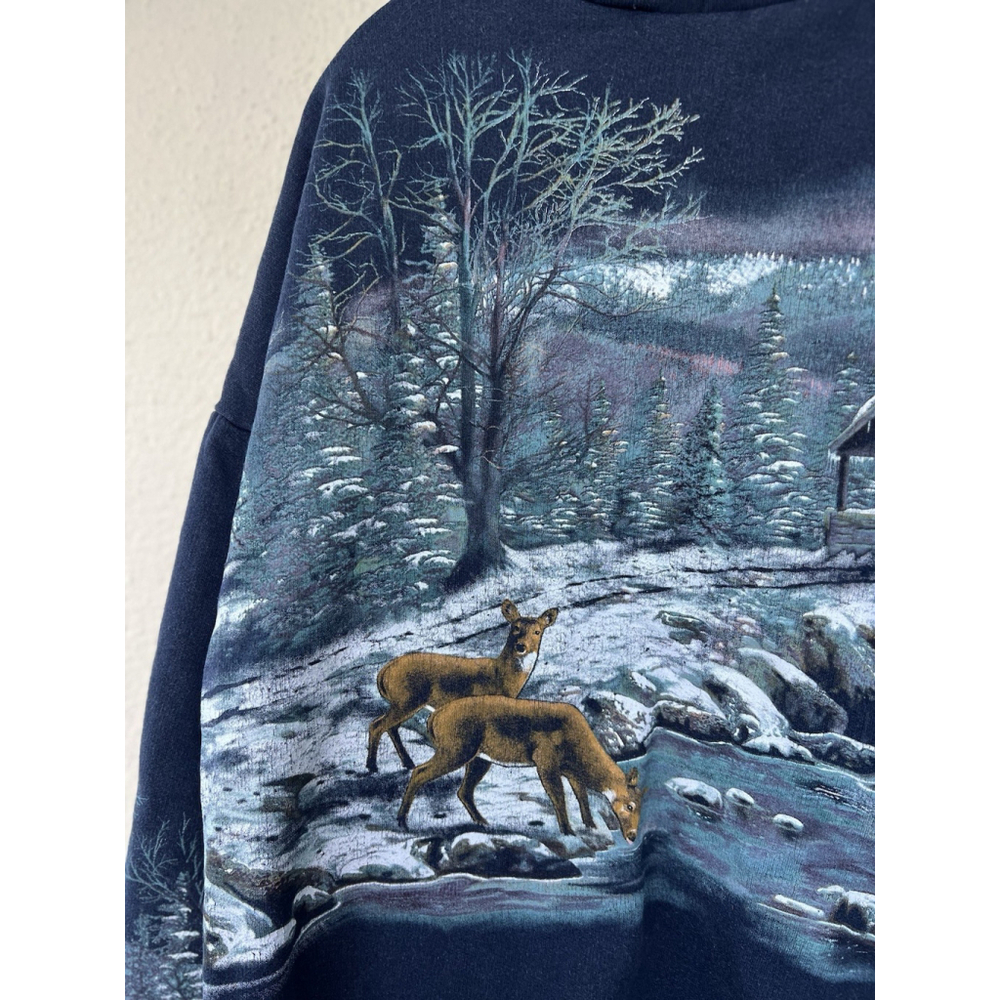 VTG 90's Art Unlimited Winter Wonderland AOP Sweatshirt XL Deer Lake USA Cabin - Picture 10 of 13